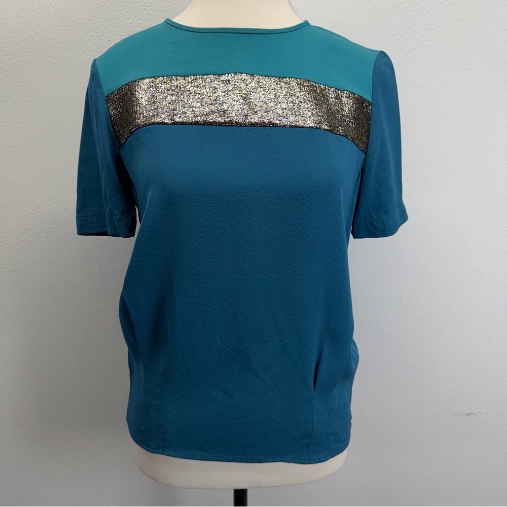 Diane Von Fursten DVF Darla Color Block Silk Short Sleeve Teal Blue Blouse 4